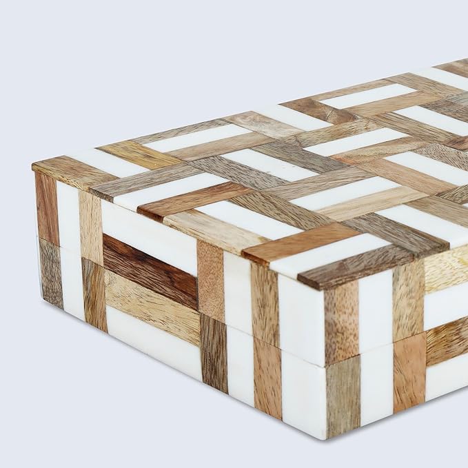 Handicrafts Home Large Decorative Storage Box with Lid Wooden Decorative Box Coffee Table Storage Box Living Room Organizer – Resin Inlay Marquet Chase Collection - 12x6x2