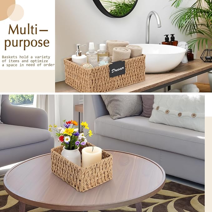 Marsui 6 Pcs Wicker Storage Baskets for Pantry Organization with Labels Handwoven Paper Rope Multi-size Natural Wicker Storage Bins for Organizing Small Baskets Container for Shelves Closet Toilet