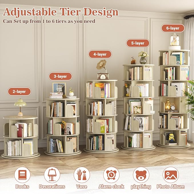Aheaplus 6 Tier Rotating Bookshelf, Wood Spinning Bookshelf Tower, Round Revolving 360 Bookcase, Narrow Turning Book Shelf Rolling Corner Organizer for Small Space, Bedroom, Office, White Oak