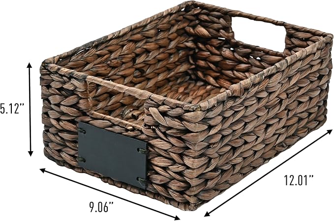 happimess Lane Hyacinth Wicker Pantry Baskets 9"x12"x5", Brown, Set of 4 | Handwoven Decorative Seagrass Containers, Chalkboard Labels, Built-In Handles, Classic Farmhouse Style, Iron Metal Frame