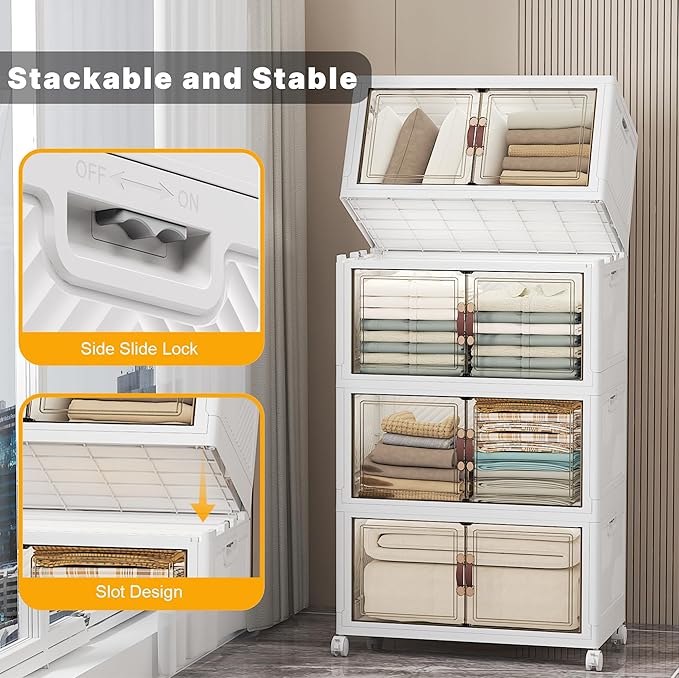 UAMFURI Stackable Storage Bins with Lids, Extra Large Plastic Organizer Cabinet Drawers, 448QT Collapsible Closet Containers with Doors and Wheels,For Bedroom, Kitchen, Office, Garage,(4Pack Cube)
