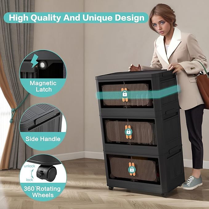 Foldable Storage Cabinet，Plastic Cabinet，Stackable Storage Bins， Open Front with Magnetic Door and Wheels (Extra Large-5Tiers)