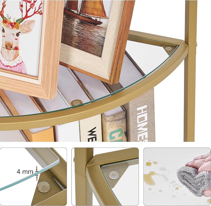 Homhedy 5-Tier Corner Shelf Stand, Metal Corner Bookshelf, Tempered Glass Shelves, Bathroom Storage Rack Shelf, Plant Stand, Modern Style, Golden
