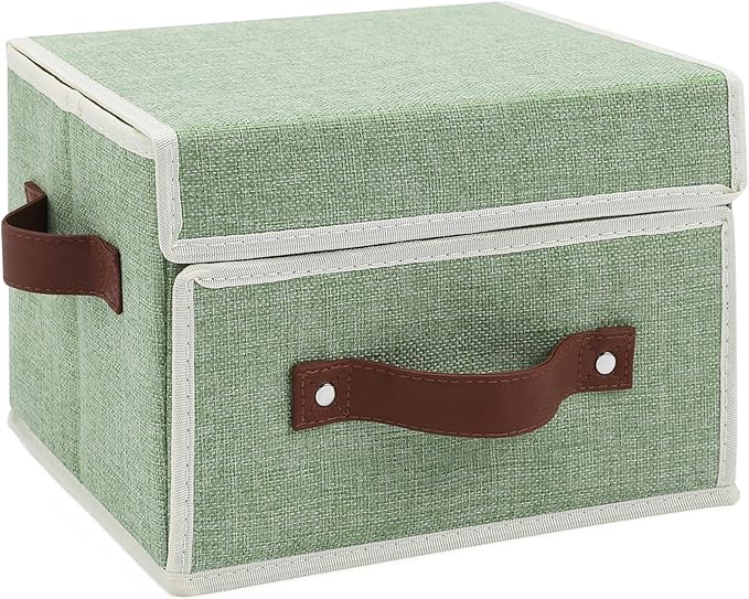 Storage Bins Box with Lids Front Opening Window Decorative Cotton Linen Fabric Basket PU Leather Handles Washable PP Board Foldable Shelf Closet Organizer Container (Light Green, Small)