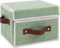 Storage Bins Box with Lids Front Opening Window Decorative Cotton Linen Fabric Basket PU Leather Handles Washable PP Board Foldable Shelf Closet Organizer Container (Light Green, Small)