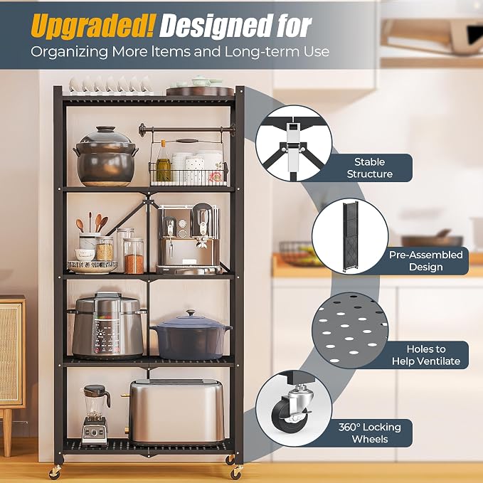 Fenbeli 5 Tier Storage Shelf with Wheels - Metal Collapsible Shelving Unit Display, Heavy Duty Folding Shelves, No Assembly Organizer Rack for Garage Kitchen, Basement, Pantry (Black, 5 Tier)