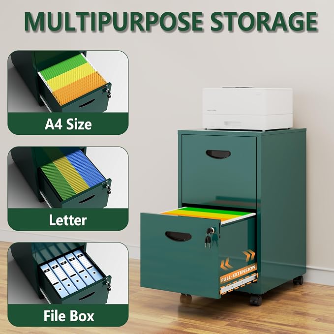 Polup 2 Drawer File Cabinet with Lock, Small Rolling Filing Cabinet for Home Office, Metal Mobile File Cabinets on Wheels, Under Desk Office Cabinets for Letter Size Folders - Assembly Required
