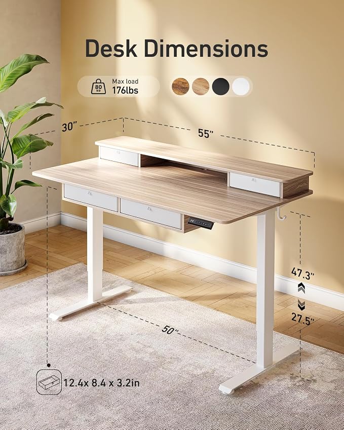 FEZIBO 60 x 30 inch Standing Desk with Drawers, Height Adjustable Electric Workstation, Computer Sit Stand Up Table with Large Storage Shelf 4 Drawers and 2 Hooks, Light Rustic Brown