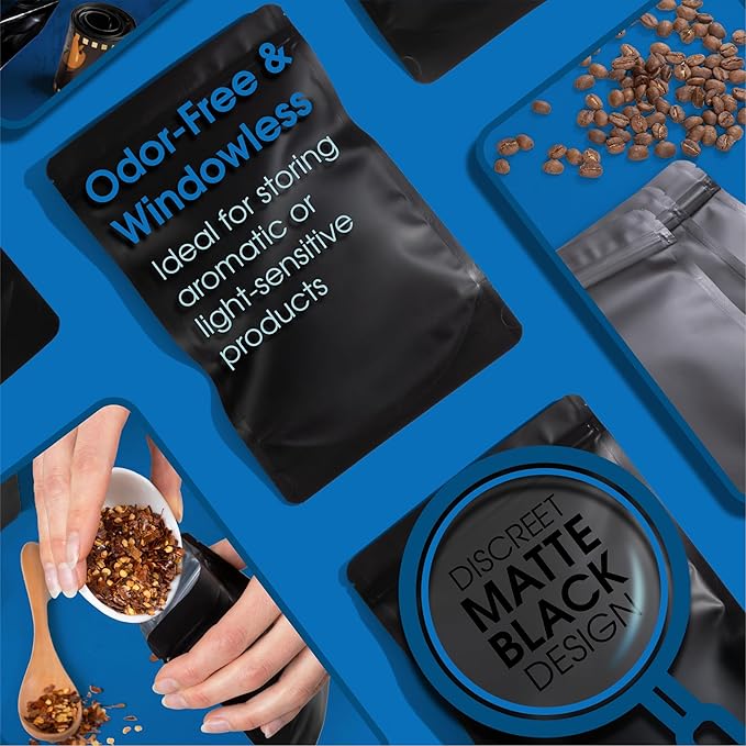 Spartan Industrial 7" X 10" Matte Black Stand-Up Pouches - 500 Count Smell-Proof Mylar Bags for Food Storage With Heat Sealable Opening and Resealable Zipper