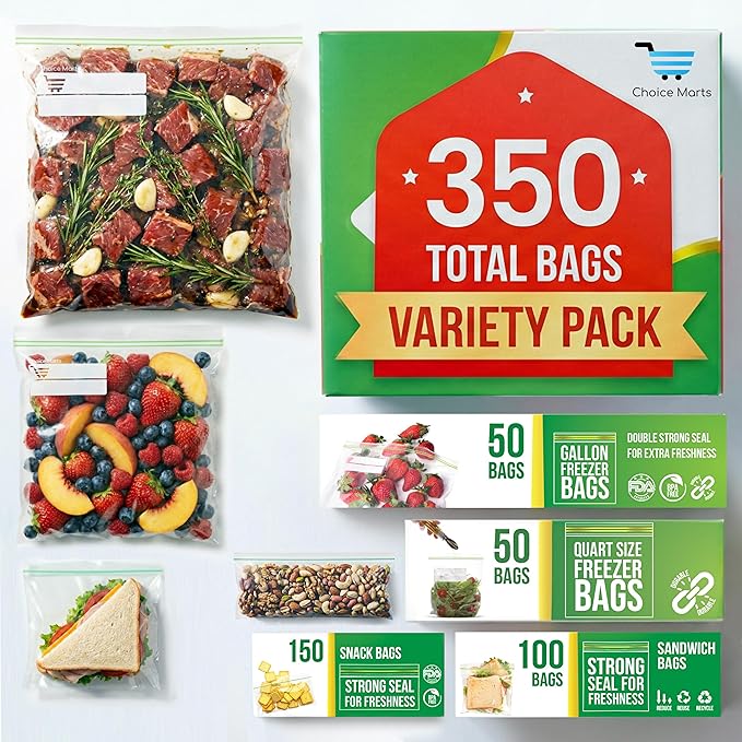 Baggies Variety Size Pack – 350 Count Food Storage Variety Pack with 50 Gallon Freezer Bags, 50 Quart Freezer Bags, 100 Sandwich Bags & 150 Snack Bags – Heavy Duty Resealable Freezer Storage Bags