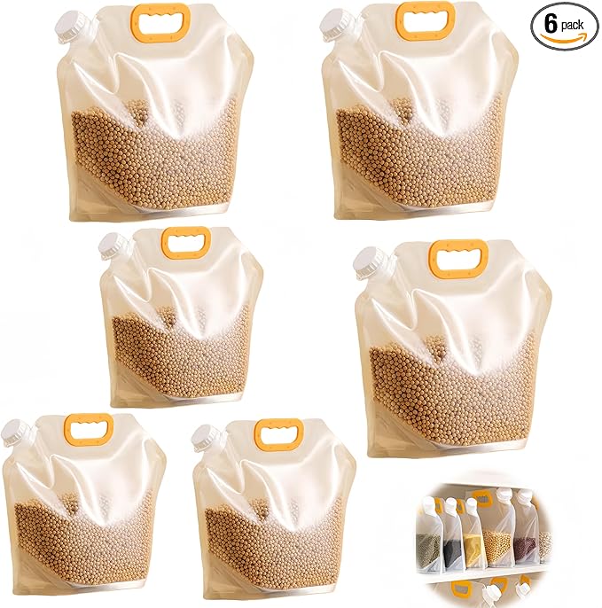 6pcsFood Storage Bags, Grain Moisture-proof Sealed Bag,Stand Up Food Bags Large Reusable Sealed Bag with Handle and Cap BPA Free