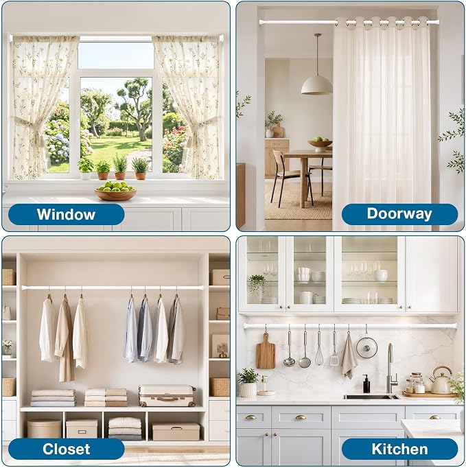 2Pack Tension Rods 31-62 Inch, Spring Loaded Curtain Rods Non-slip, Expandable Curtain Rod Tension No Drilling, Curtain Tension Rod For Window, Doorway, Kitchen, Tension Curtain Rod White