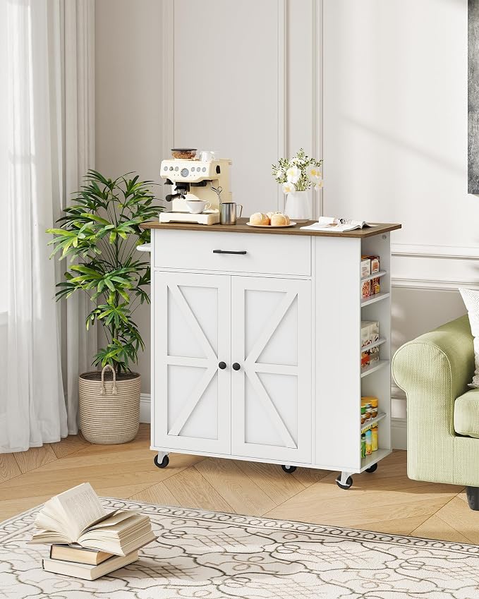 CHOEZON Kitchen Island Cart with Storage, Bar Cart with Charging Station, Kitchen Island on Wheels, Rolling Mobile Table with Cabinet, 3 AC Outlets, White and Walnut MZD04UWL