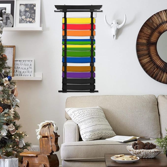 JUXYES Wall Hanging Martial Arts Belts Organizer for 8 12 Belts with Medal Hanger and Stickers, Bamboo Karate Belt Display Holder Rack, Taekwondo Belt Display Holder for Martial Arts Learners