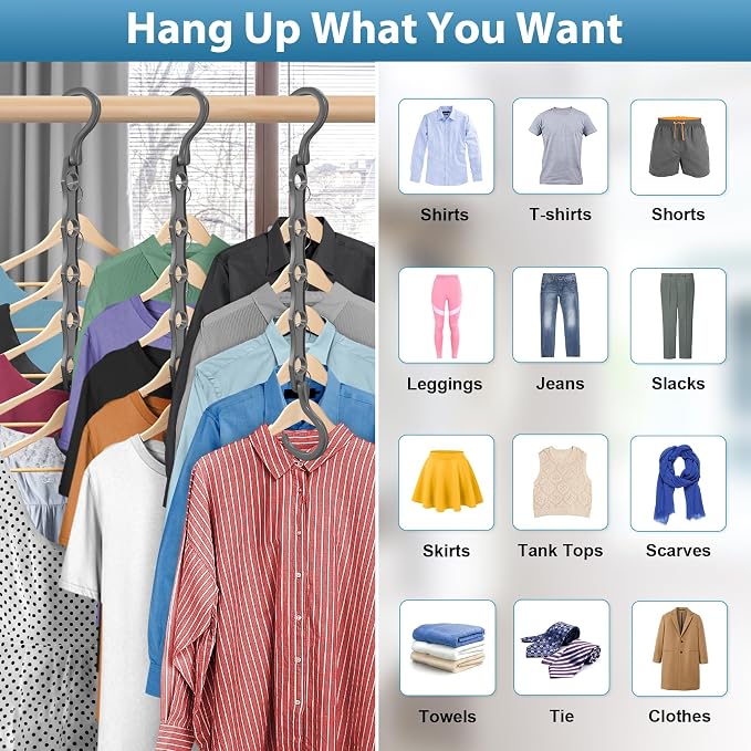 24 Pack Hangers Space Saving Magic Plastic Hanger Organizer Shirt Space Saving Hangers, Multi Clothes Hangers Space Saver for Closet Organizers Storage College Dorm Room Essentials, Grey