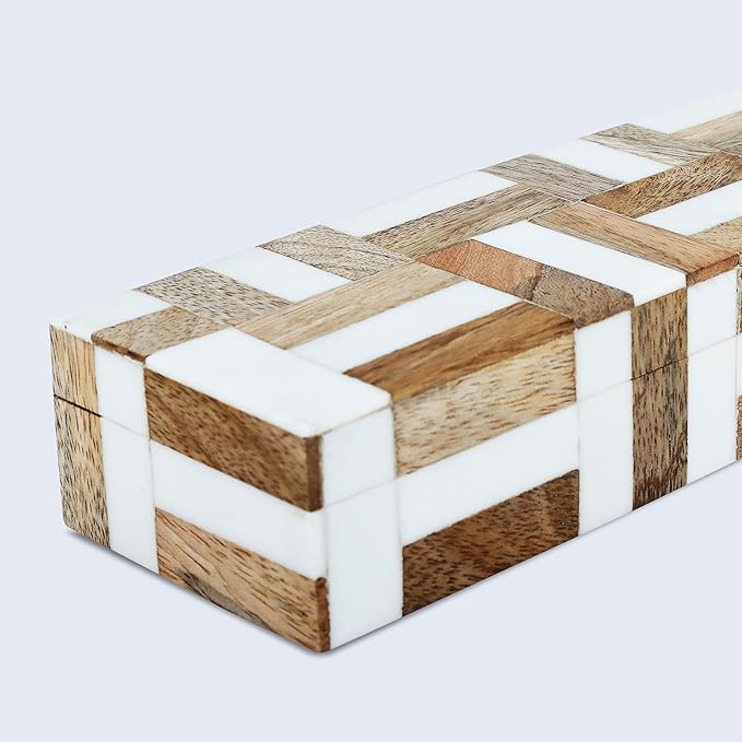 Handicrafts Home White Decorative Storage Box with Lid Wood Entryway Organizer Key Holder Box Console Table Storage for Hallway – Resin Inlay Marquet Chase Collection - 10x2.5x1.5