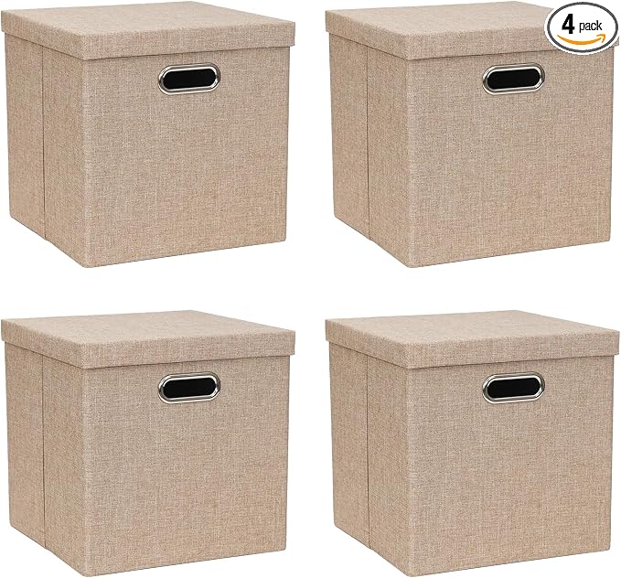Storage Bins with Lids, Linen Fabric Boxes Organizer Containers with Lid Foldable Storage Box Basket for Closet, Shelves, Home, Office, 12 x 12 x 12 Inch, 4 Pack, Khaki, AG3006-7