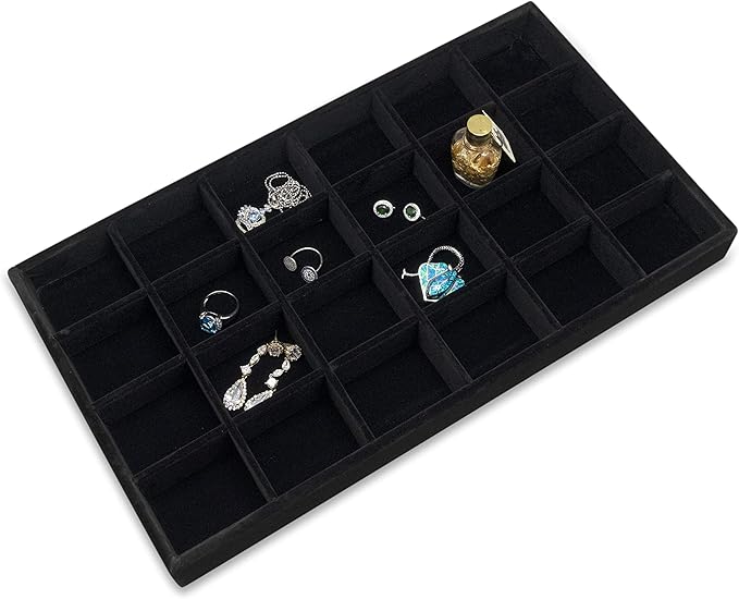 The Display Guys - Stackable Jewelry Tray and Organizer - for Drawers, Dressers, Store Display (24 Compartments, Black Velvet)