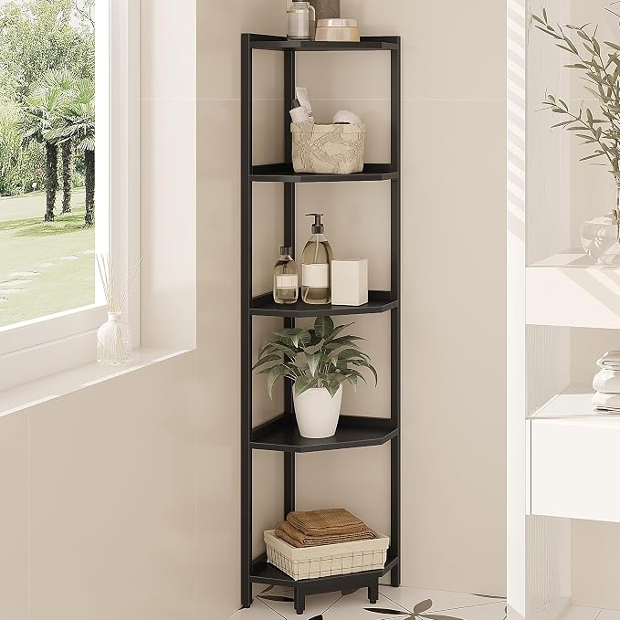 Hzuaneri Corner Shelf Stand, Corner Bookshelf, Storage Standing Shelf Unit with Metal Frame, Plant Stand, Bookcase for Living Room, Home Office, Bedroom, 5-Tier Black CS05906B
