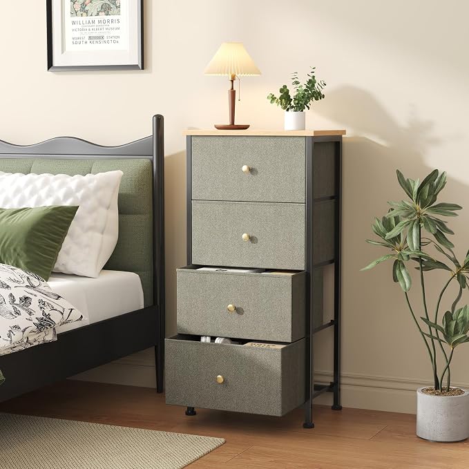 Sweetcrispy 4 Drawer Fabric Dresser Storage Tower Nightstand Chest | Small bedroom dresser and nightstand with sturdy frame,Perfect for closet,entryway,dorm,Easy assembly,Dark Green