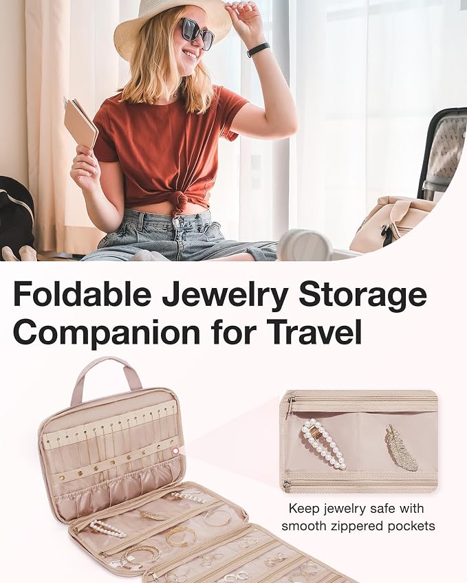 BAGSMART Travel Jewelry Organizer Case Portable Jewelry Roll Bag Tangle-free Necklace Storage, Foldable Transparent Zipper Pockets for Rings, Earrings, Bracelet, Travel Essentials, Black