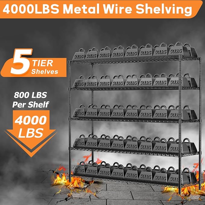 ROOMTEC 5-Tier Heavy Duty Garage Shelves, 60"W*24"D*82"H, Max Load 4000LBS | Wire Shelving Unit, Adjustable Storage Shelves, Industrial Metal Shelf Rack for Pantry,Warehouse,Basement, Kitchen