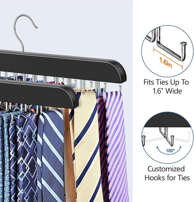 2 Pack Tie Rack & Belt Hanger 2 in 1 Tie Hanger Space Saving Max 42 Belts& 60 Ties (Black, 2 Pack Tie Hangers)