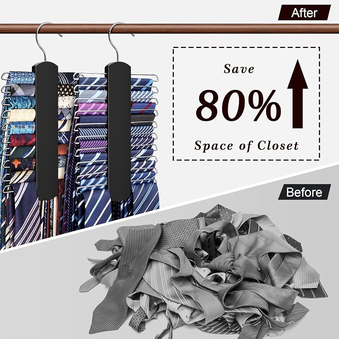 2 Pack Tie Rack for Closet, Premium Wooden Necktie Organizer Storage Tie/Belt Hanger, 360 Degree Swivel Space Saving Ties Holder for Men Hanging 40 Ties Black