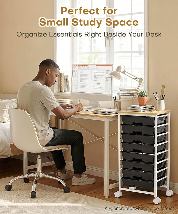 Homde Rolling Storage Drawer Cart: 8-Drawer Sort to Clear Desk & Dresser Clutter - Anti-Fall Smooth Glide Prevents Spill-Out During Daily Grab - Lockable Wheels Keep It Steady