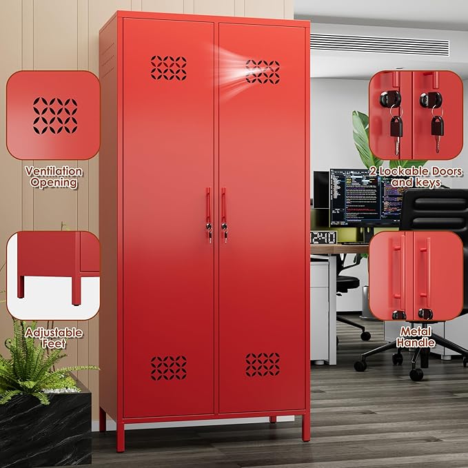 METAN 71" H*33.5" W*20" D Metal Wardrobe Closet with Lock,Extra Deep 2 Doors Metal Wardrobe Cabinet for Home,Assembly Required,Red