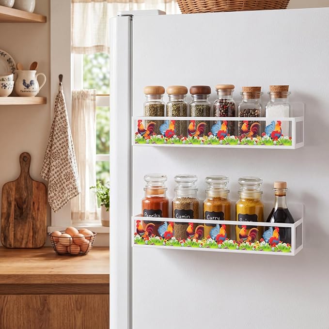 Beeveer 2 Pack Rooster Farm Magnetic Spice Rack Metal Fridge Shelf Storage Basket for Refrigerator Condiment Seasoning Bottles, Country Farmhouse Cottage Kitchen Home Decor Accessories