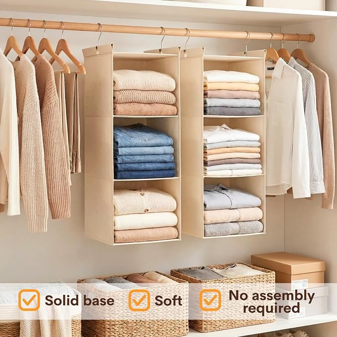 Ofiray-home Pure Cotton Dual Hanging Closet Organizer, 2-Pack 3-Tier Breathable Storage Bags for Wardrobe, RV, Nursery, Small Closets Heavy-Duty Cotton, Natural Beige