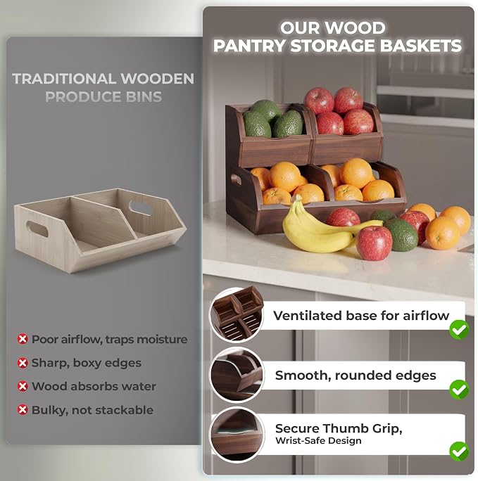 Acacia Potato and Onion Storage Bin - Stackable Wooden Storage Bins with Airflow Vent - Onion and Potato Storage Baskets for Kitchen Countertop Storage Organizer