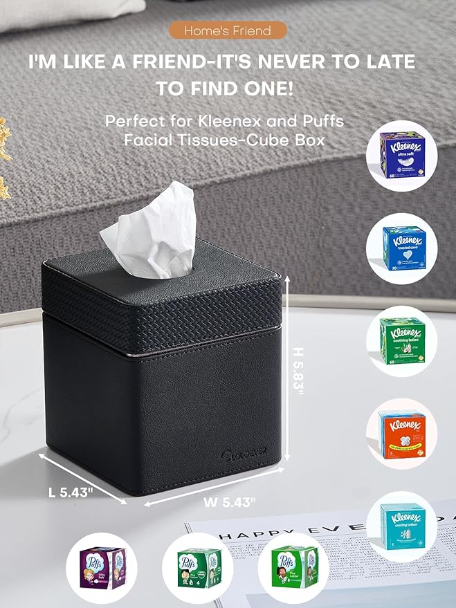 Tissue Box Holder Cover, Modern PU Leather Square Decorative Tissue Holder Organizer-Woven New Black