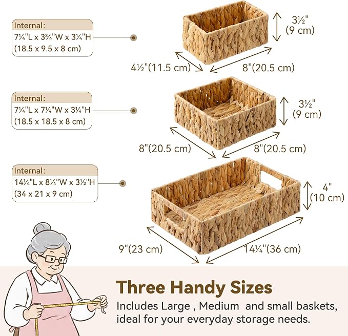 GRANNY SAYS Wicker Baskets for Shelves 3 Pack, Large Wicker Storage Baskets with Handles, Water Hyacinth Woven Basket for Organizing