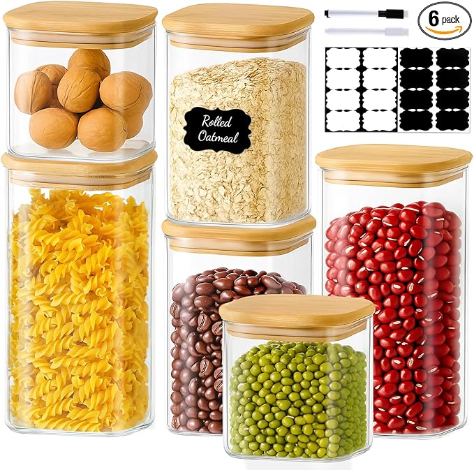 TBWIND 6 Pack Square Glass Storage Containers with Bamboo Lids (24oz/37oz/51oz) – Clear Food Airtight Canisters Sets for The Kitchen, Glass Jars for Coffee Beans, Coffee, Flour, Snacks, Spices