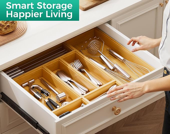 Bamboo Kitchen Drawer Organizer Boxes 12" x 6" Stackable Wooden Organizers | Set of 2 Wood Silverware Utensil Tray for Drawers Bins, Cutlery & Flatware Storage for Junk Drawer, Bathroom, RV