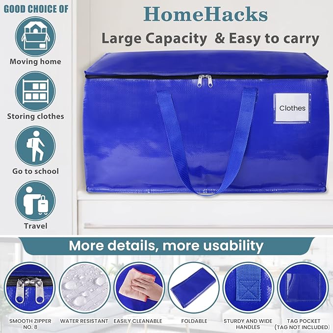 HomeHacks Moving Bags Heavy Duty with Strong Zippers and Handles Collapsible Moving Supplies, Storage Totes for Packing & Moving Storing 125L,10-Pack, Blue