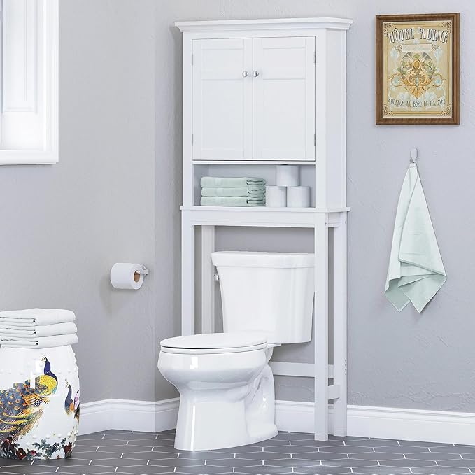 Spirich Over The Toilet Storage Cabinet, White Bathroom Organizer | Shaker Doors, Open & Hidden Storage, Adjustable Interior Shelf, FSC-Certified MDF, Anti-Tip Fitting, Adjustable Crossbar