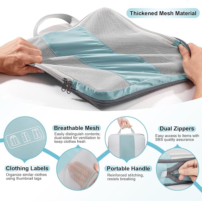 OlarHike 8 Set Compression Packing Cubes for Travel Essentials,Compressible Expandable Space Saver Bags for Organizing Clothes,Luggage Suitcase Garment Bags with Over 1000 pcs Mesh Holes(Blue Gray)