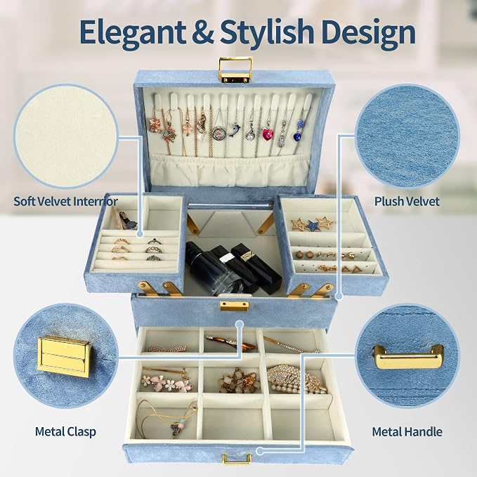 Dajasan Jewelry Organizer Box, Large Jewelry Boxes for Women Girls, Space-Saving 3 Layers Jewelry Storage Case with Drawer, Gift Idea for Christmas, Valentine's Day, Birthday, Mother's Day (Blue)