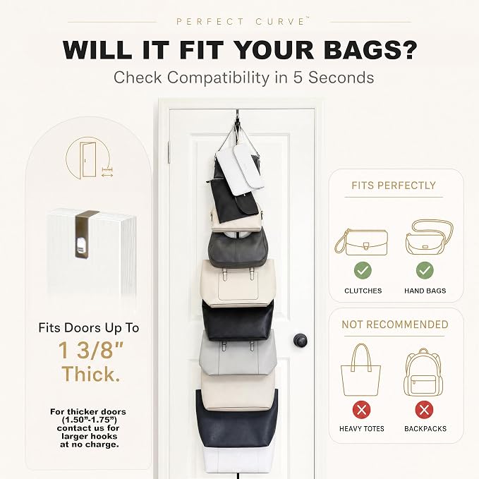 Perfect Curve Handbag and Purse Organizer, Black | Hold up to 18 Bags, Over The Door, Adjustable Clips, 2 Straps