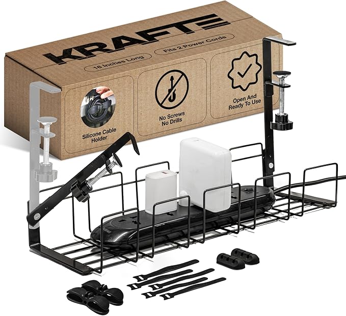Under Desk Cable Management Tray - 16” No Screw Ready to Install - Hanging Basket Box for Wire Management - Sturdy Desk Cable Tray Organizer fits Two Power Cords - Ideal for Home & Office - 11pc Set