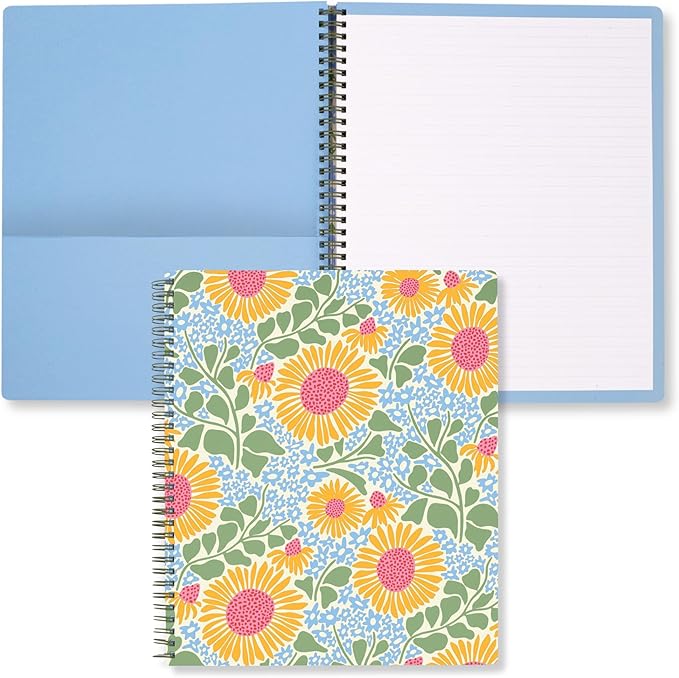 Steel Mill & Co Cute Large Spiral Notebook College Ruled, 11" x 9.5" with Durable Hardcover and 160 Lined Pages (Sunflower)