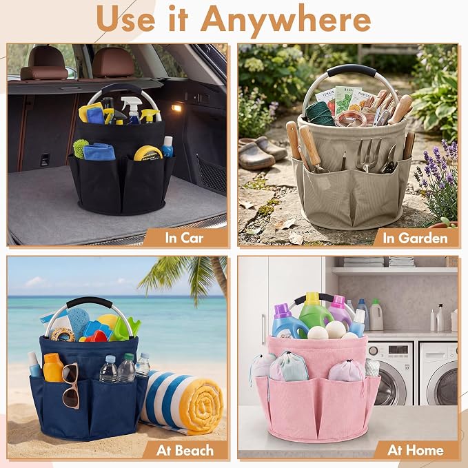 LemonRoad 4 Pack Cleaning Caddy with Handle 17L Foldable Cleaning Supplies Organizer Oxford Cloth Storage Basket with 6 Pockets Portable Multi Bucket Bag for Home Garden (Black,Beige,Navy Blue,Pink)