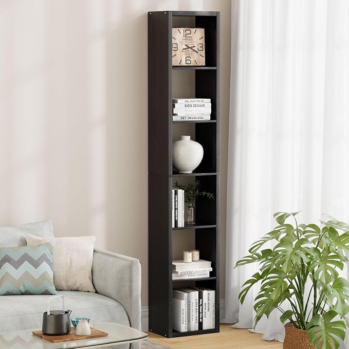 6 Cube Storage Organizer Single Row, Cube Shelf with Heavy-Duty Thick Boards, 13.31" L x 9.37" W x 72.36" H, Smooth Easy-Clean Panels, Simple Assembly, for Living Room Bedroom Office, Black