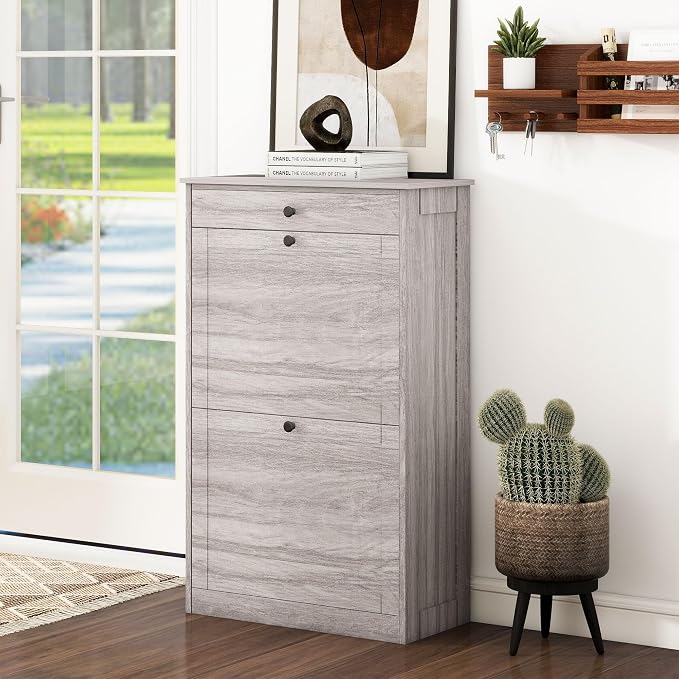 FTZxHKLX Shoe Rack Cabinet 2 Flip Drawers, Entryway Shoe Storage, Wash Grey | Narrow Shoe Cabinet Organizer with Top Drawer, Freestanding Hidden Shoe Organizer for Entryway , Hallway, Foyer