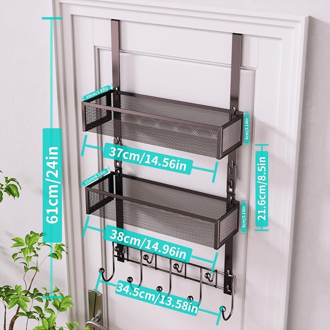 HapiRm Over The Door Hanger with Coat Hooks and 2 Baskets, Rustproof & Waterproof Over The Door Hooks, Storage Organizer for Hats, Bathroom, Kitchen, Bedroom - Bronze