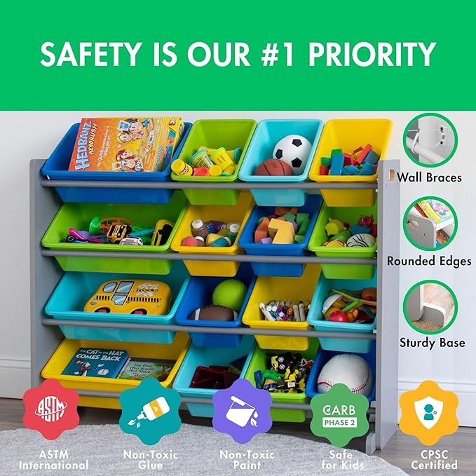 Humble Crew Toy Storage Organizer with 16 Removable Storage Bins for Kids Playroom, 4-Tier Toddler Toy Organization and Storage, Grey/Blue/Green/Yellow