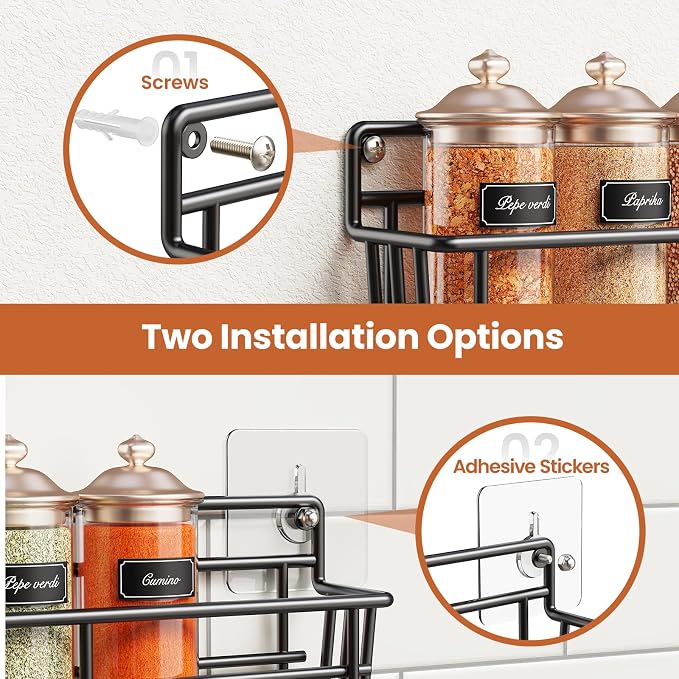 Mystozer 5 Pack Spice Rack Seasoning Organizer Wall Mount, Screw or Adhesive Hanging Shelf Basket Spice Organizer Shelf for Kitchen, Black